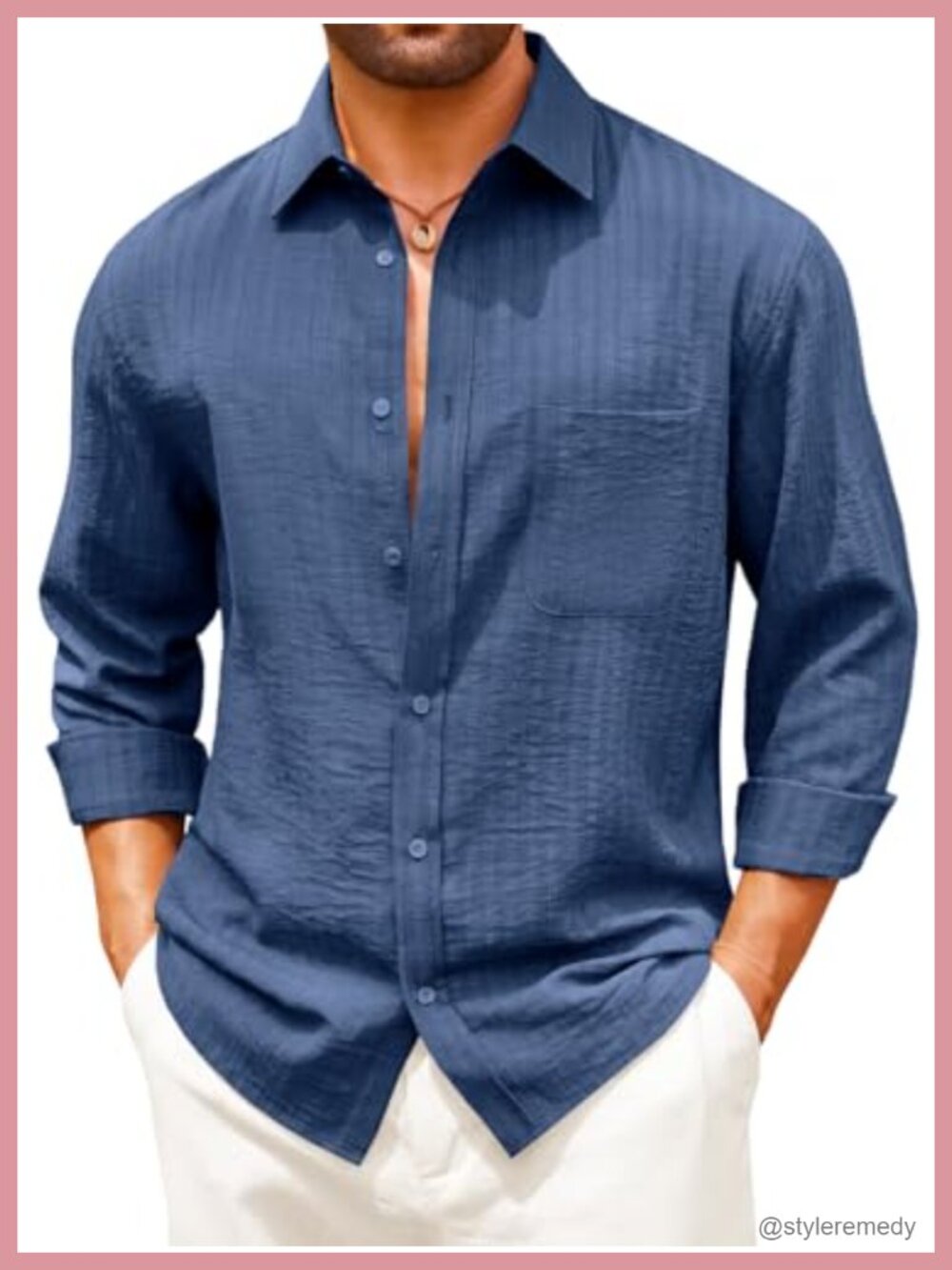 Men's Linen Blend Button Down Shirt Long Sleeve Casual Textured Top